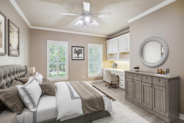 1615 Lake Wilderness Ln, Kingwood, TX 77345 - bedroom featuring crown molding, light colored carpet, baseboards, ceiling fan, and a textured ceiling