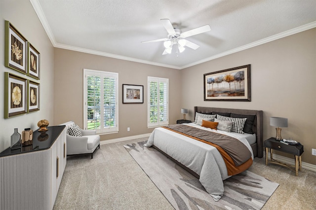 1615 Lake Wilderness Ln, Kingwood, TX 77345 - bedroom featuring light colored carpet, ornamental molding, baseboards, a ceiling fan, and a textured ceiling