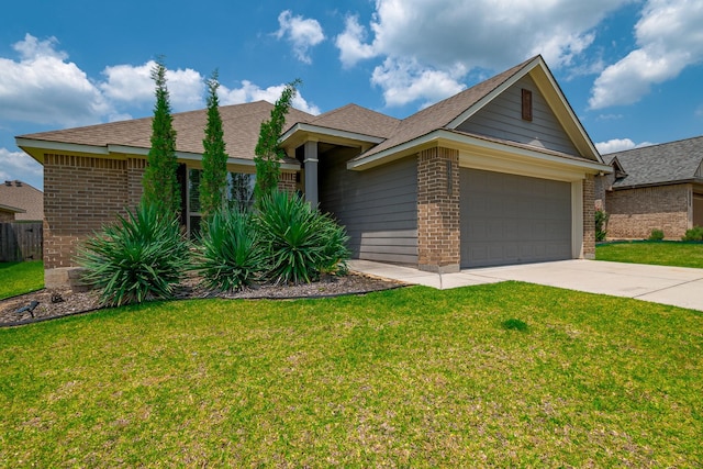 14370 S Summerchase Cir, Willis, TX 77318 - ranch-style house with brick siding, concrete driveway, an attached garage, and a front yard