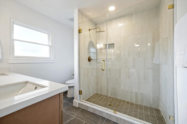 4601 Creekbend Dr, Houston, TX 77035 - bathroom with vanity, a stall shower, and marble look tiles