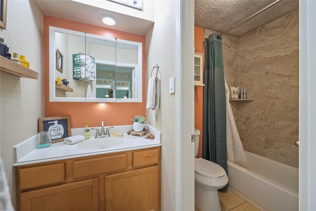 23910 Spring Day Ln, Spring, TX 77373 - full bath with vanity, toilet, shower / bath combo with shower curtain, tile patterned floors, and a textured ceiling