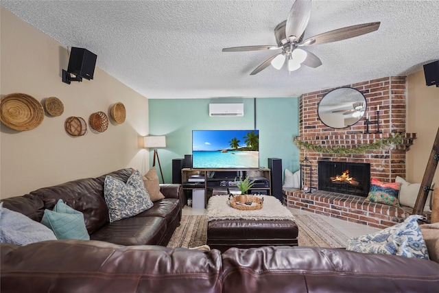 23910 Spring Day Ln, Spring, TX 77373 - living room featuring a wall mounted AC, a textured ceiling, ceiling fan, and a brick fireplace