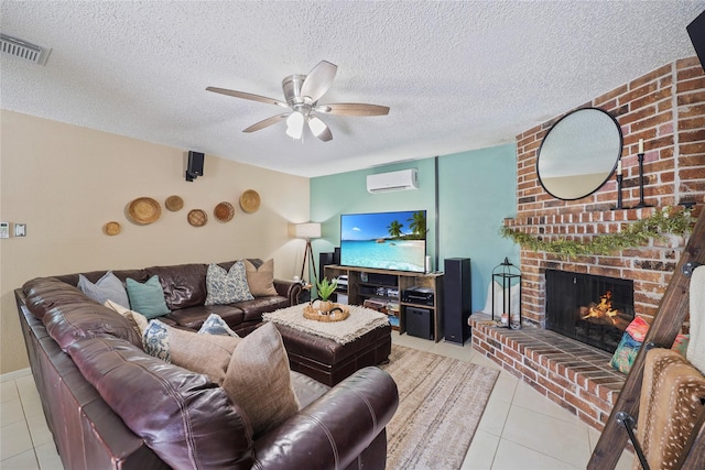 23910 Spring Day Ln, Spring, TX 77373 - tiled living area with an AC wall unit, ceiling fan, a fireplace, and a textured ceiling