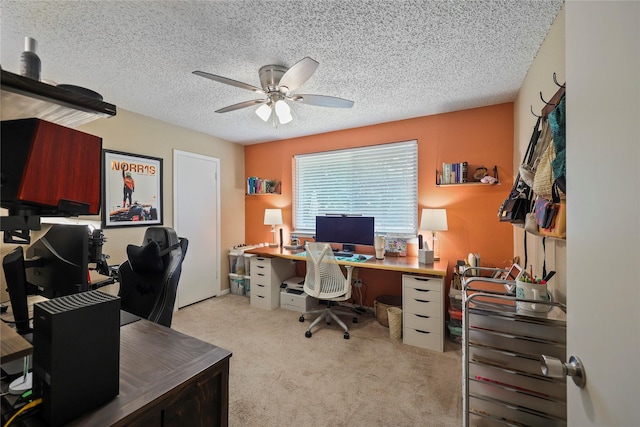 23910 Spring Day Ln, Spring, TX 77373 - office featuring ceiling fan, light colored carpet, and a textured ceiling