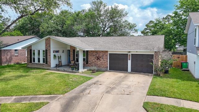 23910 Spring Day Ln, Spring, TX 77373 - mid-century home featuring an attached garage, driveway, brick siding, a porch, and a shingled roof