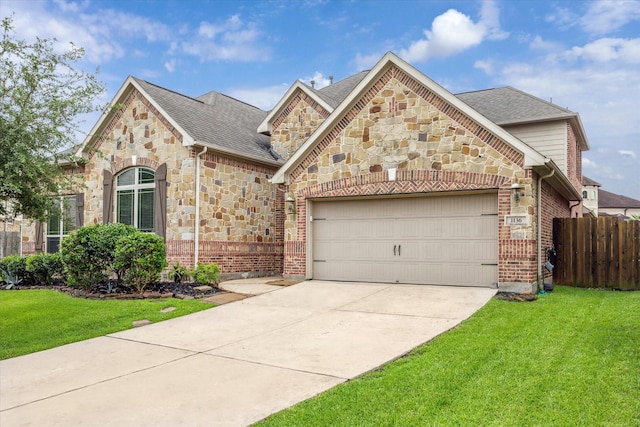 1136 Hancock Springs Ln, Friendswood, TX 77546 - french country home featuring stone siding, a garage, driveway, brick siding, and a shingled roof
