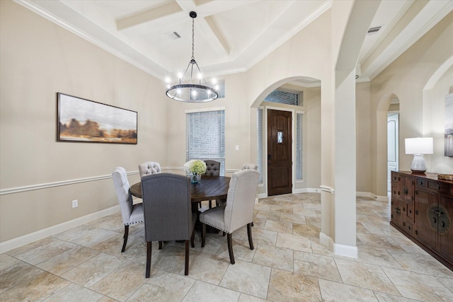 1136 Hancock Springs Ln, Friendswood, TX 77546 - dining area featuring arched walkways, coffered ceiling, crown molding, stone tile flooring, and a chandelier