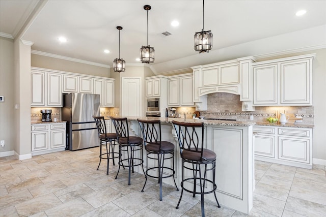 1136 Hancock Springs Ln, Friendswood, TX 77546 - kitchen with appliances with stainless steel finishes, decorative backsplash, a breakfast bar, crown molding, and decorative light fixtures