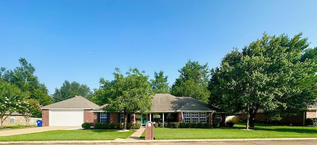 1308 Hagan St, Crockett, TX 75835 - ranch-style home with a front lawn, driveway, an attached garage, and brick siding