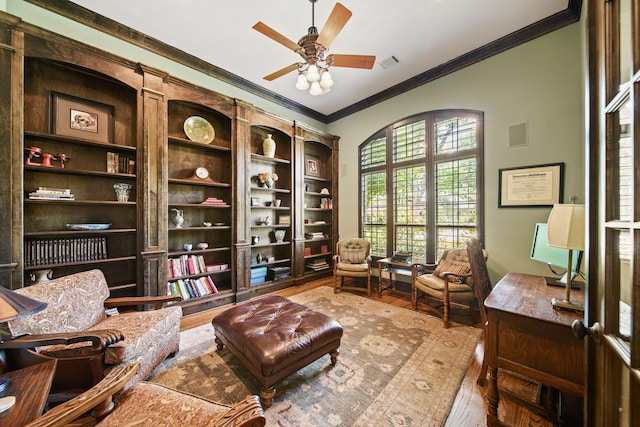 77 Big Trl, Missouri City, TX 77459 - living area with ornamental molding, wood finished floors, and ceiling fan