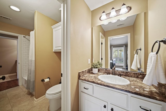 77 Big Trl, Missouri City, TX 77459 - bathroom with toilet, vanity, shower / tub combo, tile patterned flooring, and baseboards