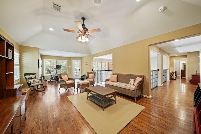 77 Big Trl, Missouri City, TX 77459 - living room with recessed lighting, wood finished floors, vaulted ceiling, and ceiling fan