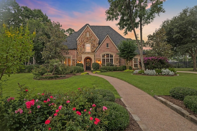 77 Big Trl, Missouri City, TX 77459 - view of front facade featuring stone siding, a front yard, and brick siding