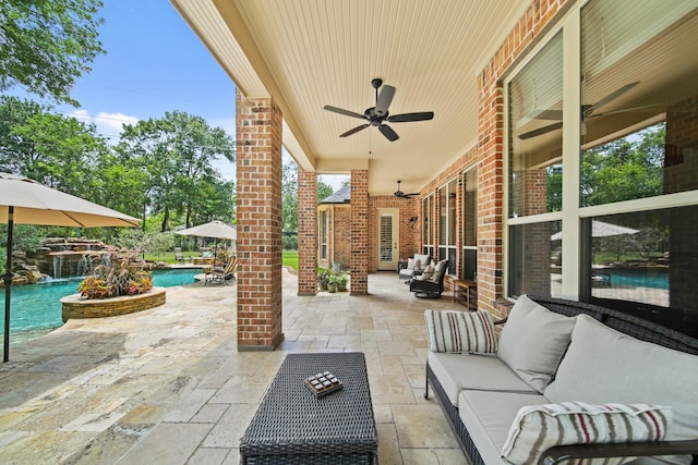 77 Big Trl, Missouri City, TX 77459 - view of patio / terrace with an outdoor hangout area, ceiling fan, and an outdoor pool