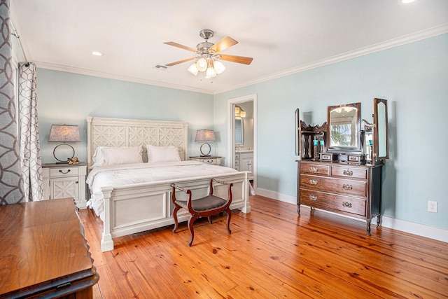 1401 103rd St, Galveston, TX 77554 - bedroom with hardwood / wood-style flooring, crown molding, baseboards, a ceiling fan, and recessed lighting