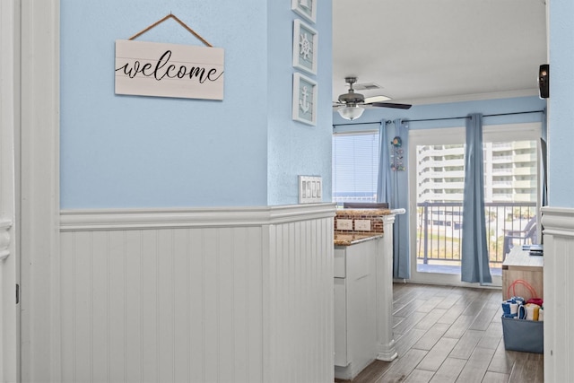 9520 Seawall Blvd Unit 338, Galveston, TX 77554 - kitchen featuring a wainscoted wall, ceiling fan, wood finished floors, and ornamental molding