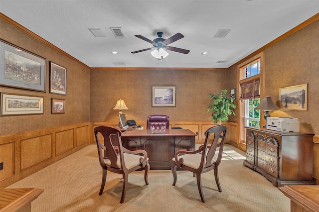 74 Grogans Point Rd, The Woodlands, TX 77380 - office area with light carpet, crown molding, a ceiling fan, a decorative wall, and recessed lighting
