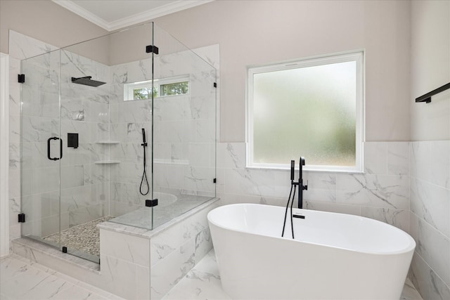 26800 Saddle Horn, Waller, TX 77484 - full bath featuring marble tiled floors, a soaking tub, a stall shower, ornamental molding, and tile walls