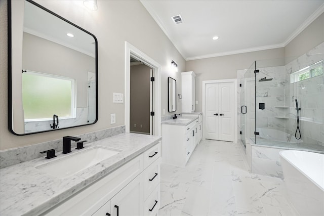 26800 Saddle Horn, Waller, TX 77484 - bathroom featuring a freestanding bath, a marble finish shower, two vanities, ornamental molding, and recessed lighting