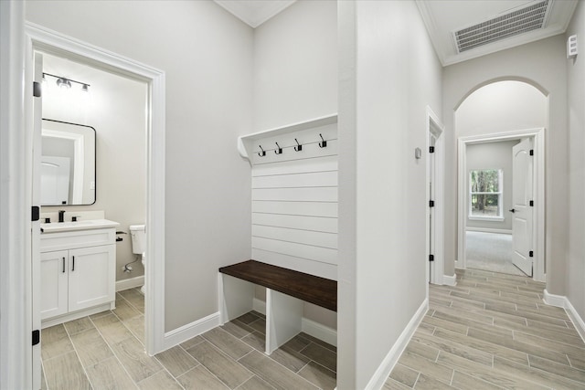 26800 Saddle Horn, Waller, TX 77484 - mudroom with wood finish floors, arched walkways, a sink, baseboards, and crown molding