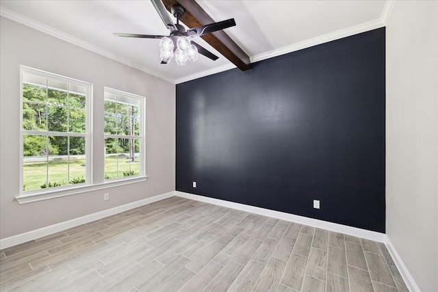 26800 Saddle Horn, Waller, TX 77484 - unfurnished room with ceiling fan, light wood finished floors, baseboards, crown molding, and beamed ceiling
