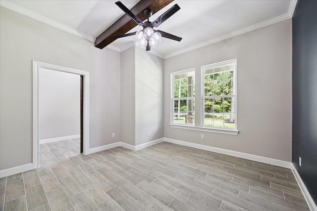 26800 Saddle Horn, Waller, TX 77484 - spare room featuring ceiling fan, baseboards, light wood finished floors, beamed ceiling, and crown molding