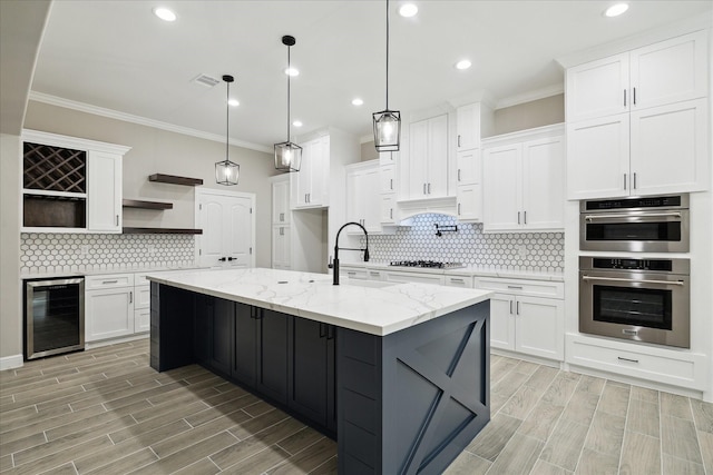 26800 Saddle Horn, Waller, TX 77484 - kitchen featuring wine cooler, open shelves, crown molding, stainless steel double oven, and a sink