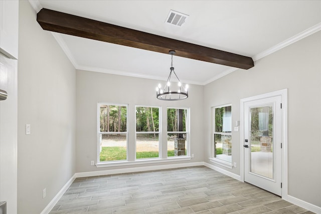 26800 Saddle Horn, Waller, TX 77484 - unfurnished dining area with a chandelier, healthy amount of natural light, beam ceiling, light wood-type flooring, and ornamental molding