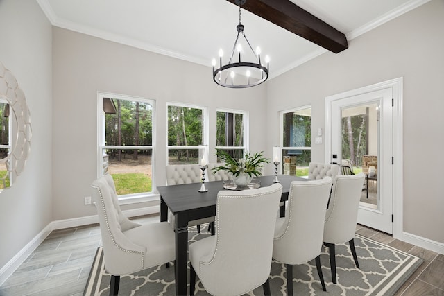26800 Saddle Horn, Waller, TX 77484 - dining area with a chandelier, beam ceiling, baseboards, light wood-style floors, and ornamental molding