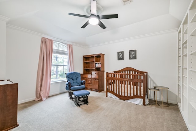 2803 Canyon Dr, Pearland, TX 77584 - carpeted bedroom featuring crown molding, a raised ceiling, ceiling fan, and baseboards