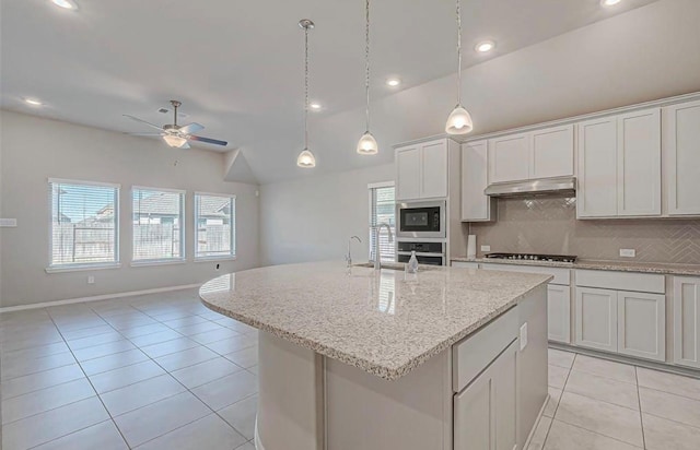 1330 Munson Valley Rd, Richmond, TX 77406 - kitchen featuring lofted ceiling, appliances with stainless steel finishes, decorative backsplash, a sink, and under cabinet range hood