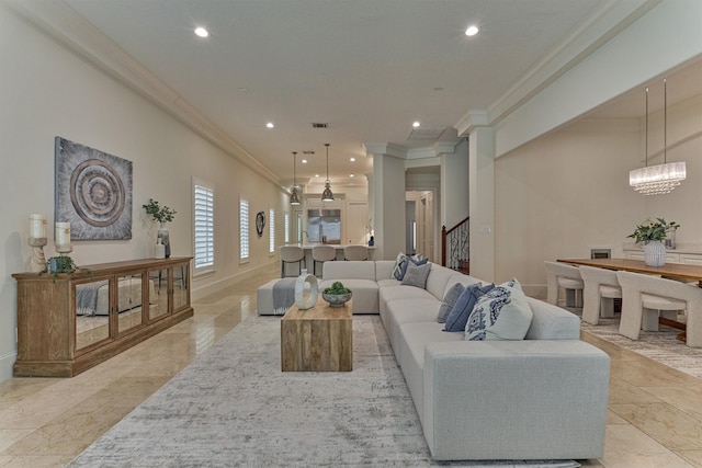 11 Olmstead Row, The Woodlands, TX 77380 - living area with ornamental molding, stairs, recessed lighting, and baseboards