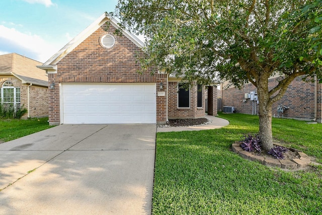11019 Chestnut Path Way, Tomball, TX 77375 - view of front facade with brick siding, a front lawn, concrete driveway, an attached garage, and cooling unit