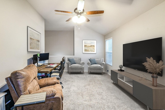 11019 Chestnut Path Way, Tomball, TX 77375 - carpeted living room featuring lofted ceiling, a ceiling fan, a desk, and baseboards