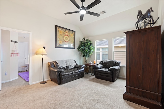 13610 Spectacled Bear Ln, Crosby, TX 77532 - living room with light carpet, a ceiling fan, baseboards, and vaulted ceiling