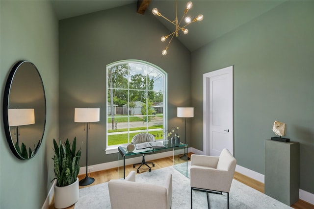 1611 Richelieu Ln, Houston, TX 77018 - office space featuring a chandelier, high vaulted ceiling, healthy amount of natural light, beamed ceiling, and wood finished floors