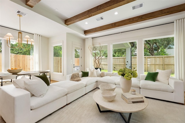 1611 Richelieu Ln, Houston, TX 77018 - living room with beam ceiling, a chandelier, and recessed lighting