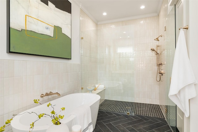1611 Richelieu Ln, Houston, TX 77018 - bathroom with tile walls, a soaking tub, a walk in shower, and crown molding