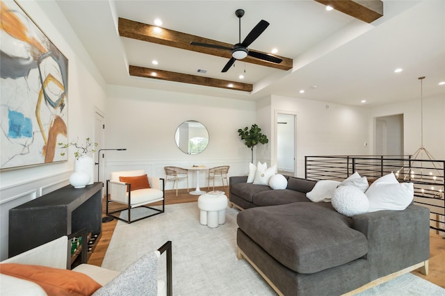 1611 Richelieu Ln, Houston, TX 77018 - living area featuring a ceiling fan, wood finished floors, beam ceiling, a wainscoted wall, and recessed lighting