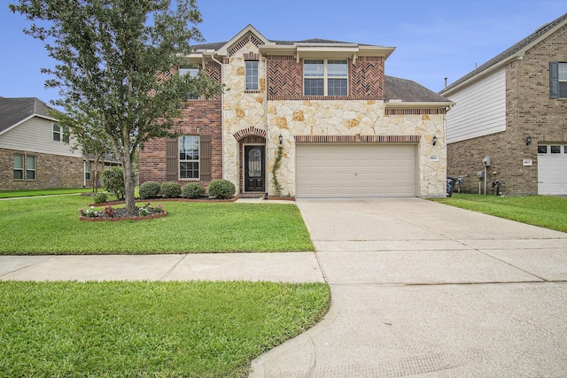 19903 Mulberry Pine Ln, Cypress, TX 77429 - view of front of house featuring stone siding, driveway, a front lawn, and a garage
