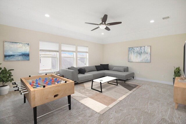 19903 Mulberry Pine Ln, Cypress, TX 77429 - rec room featuring carpet floors, a ceiling fan, recessed lighting, and baseboards
