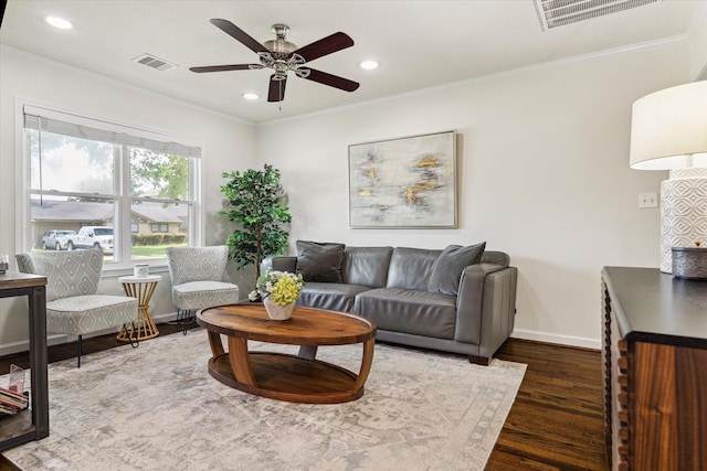 1709 Chantilly Ln, Houston, TX 77018 - living room featuring wood finished floors, a ceiling fan, ornamental molding, baseboards, and recessed lighting
