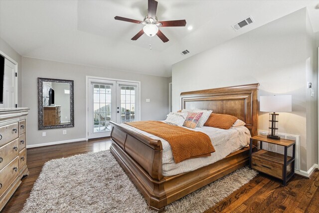 1709 Chantilly Ln, Houston, TX 77018 - bedroom featuring access to exterior, french doors, dark wood-type flooring, baseboards, and lofted ceiling
