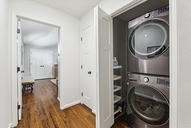 1709 Chantilly Ln, Houston, TX 77018 - laundry area with estacked washer and dryer, dark wood-style floors, and baseboards
