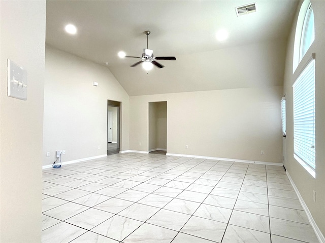 29314 Nectar Bloom Ct, Spring, TX 77386 - empty room with ceiling fan, recessed lighting, high vaulted ceiling, and baseboards