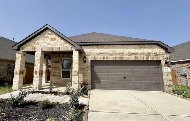 3012 Myrtle Sunset Dr, Katy, TX 77493 - french country home with brick siding, a garage, driveway, and a shingled roof