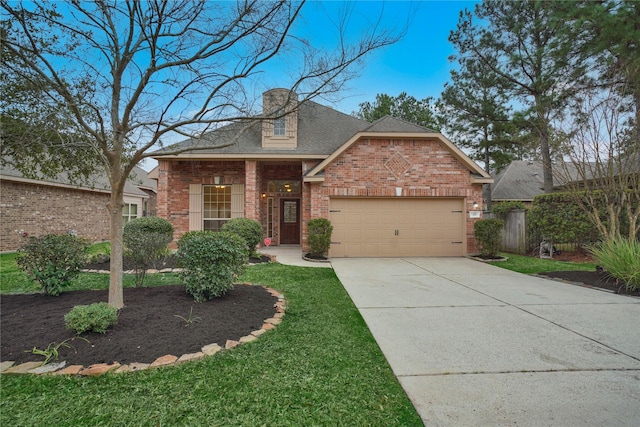 10 Tallgrass Way, Spring, TX 77389 - traditional-style home featuring brick siding, an attached garage, concrete driveway, and roof with shingles