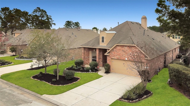 10 Tallgrass Way, Spring, TX 77389 - view of front of house with brick siding, an attached garage, a chimney, and concrete driveway