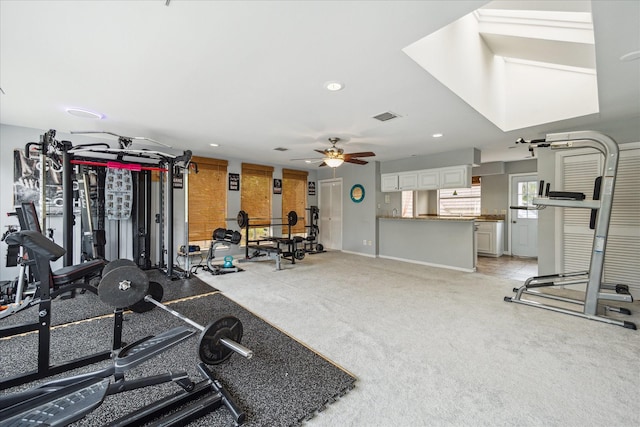 706 St Ives Ct, Houston, TX 77079 - workout area with recessed lighting, light carpet, a ceiling fan, and baseboards