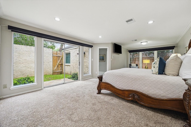 706 St Ives Ct, Houston, TX 77079 - carpeted bedroom with access to outside, crown molding, multiple windows, baseboards, and recessed lighting